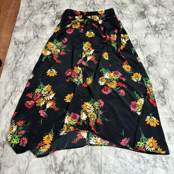 MANGO MNG Floral Print Black Yellow Midi skirt with Belt size 2 NWT New - Picture 3 of 9